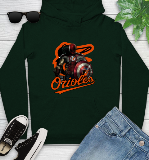 MLB Captain America Thor Spider Man Hawkeye Avengers Endgame Baseball Baltimore Orioles Youth Hoodie 13