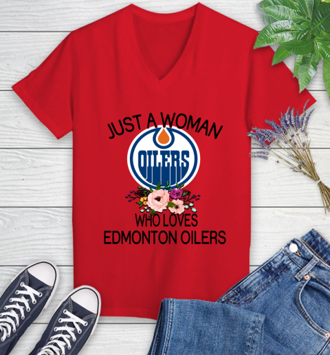 NHL Just A Woman Who Loves Edmonton Oilers Hockey Sports Women's V-Neck T-Shirt 7