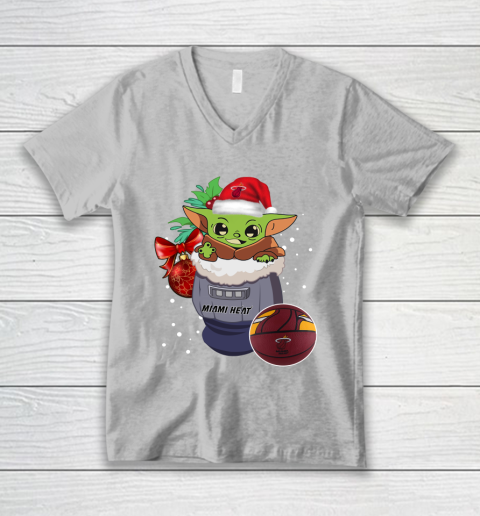 Miami Heat Christmas Baby Yoda Star Wars Funny Happy NBA V-Neck T-Shirt 4