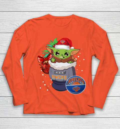 New York Knicks Christmas Baby Yoda Star Wars Funny Happy NBA Youth Long Sleeve 4