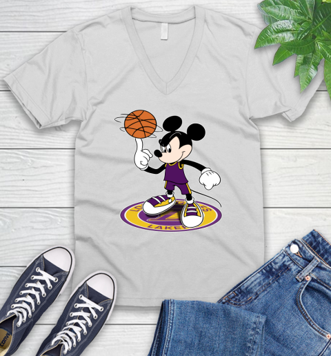 NBA Basketball Los Angeles Lakers Cheerful Mickey Disney Shirt V-Neck T-Shirt 3 NBA Basketball Los Angeles Lakers Cheerful Mickey Disney Shirt V-Neck T-Shirt - Image 3