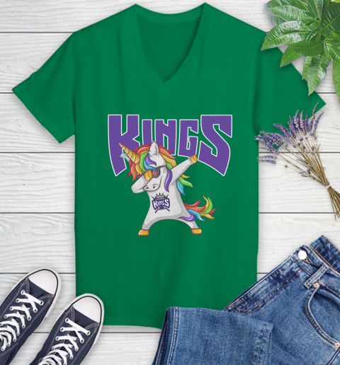 Sacramento Kings NBA Basketball Funny Unicorn Dabbing Sports Women's V-Neck T-Shirt 5