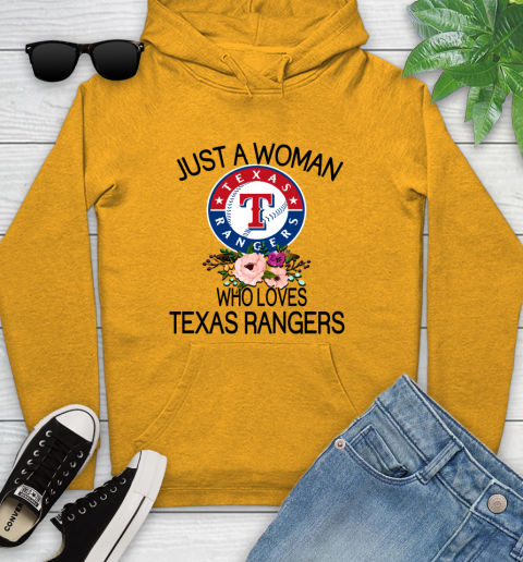 MLB Just A Woman Who Loves Texas Rangers Baseball Sports Youth Hoodie 2