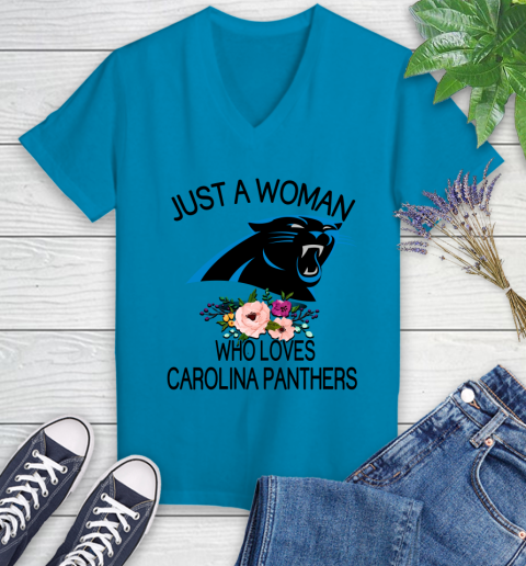NFL Just A Woman Who Loves Carolina Panthers Football Sports Women's V-Neck T-Shirt 4