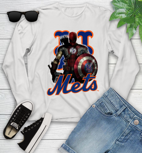 MLB Captain America Thor Spider Man Hawkeye Avengers Endgame Baseball New York Mets Youth Long Sleeve