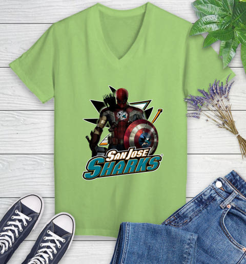 NHL Captain America Thor Spider Man Hawkeye Avengers Endgame Hockey San Jose Sharks Women's V-Neck T-Shirt 11