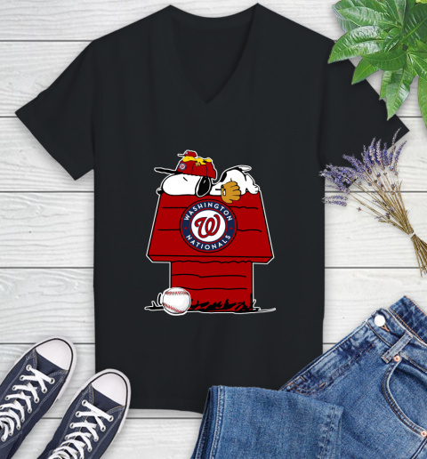 MLB Washington Nationals Snoopy Woodstock The Peanuts Movie Baseball T Shirt_000 Women's V-Neck T-Shirt 2