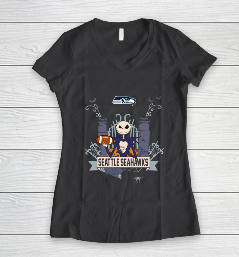 NFL Seattle Seahawks Football Jack Skellington Halloween Women's V-Neck T-Shirt 6