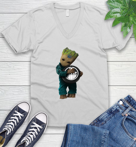 NHL Groot Guardians Of The Galaxy Hockey Sports Edmonton Oilers V-Neck T-Shirt