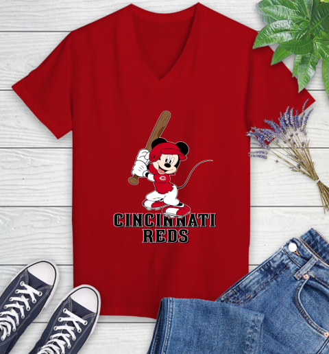 MLB Baseball Cincinnati Reds Cheerful Mickey Mouse Shirt Women's V-Neck T-Shirt 10