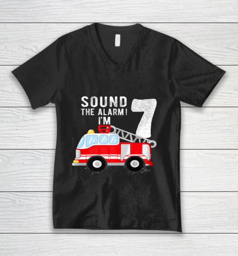 Kids Firefighter 7th Birthday Boy 7 Year Old Fire Truck V-Neck T-Shirt