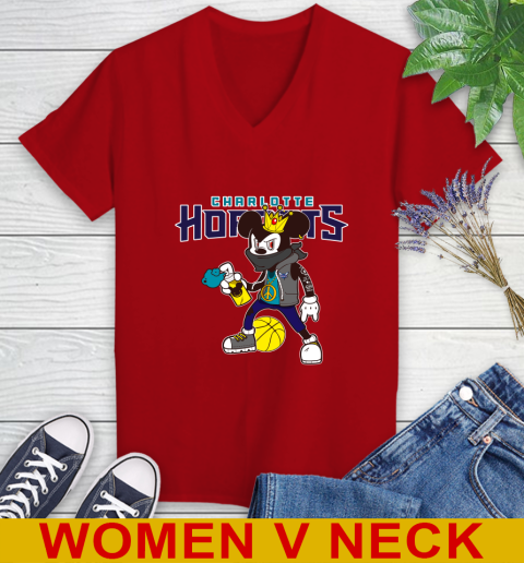 Charlotte Hornets NBA Basketball Mickey Peace Sign Sports Women's V-Neck T-Shirt 12