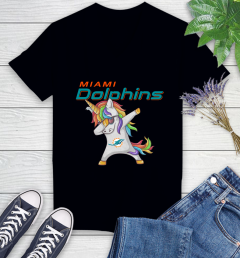 Miami Dolphins NFL Football Funny Unicorn Dabbing Sports Women's V-Neck T-Shirt 2