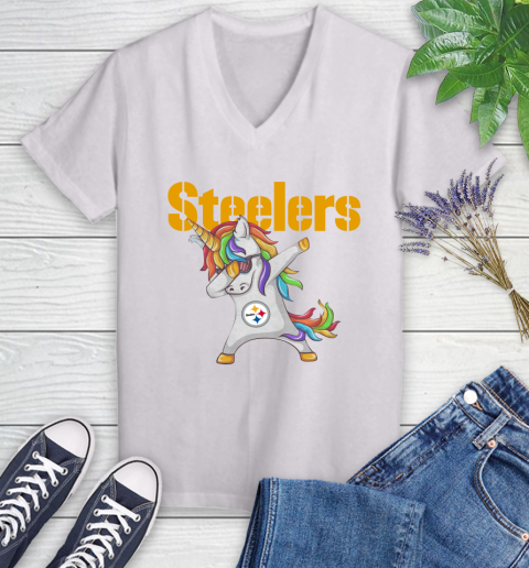 Pittsburgh Steelers NFL Football Funny Unicorn Dabbing Sports Women's V-Neck T-Shirt