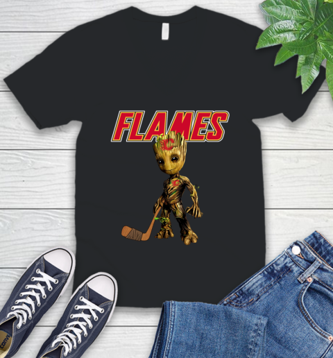 Calgary Flames NHL Hockey Groot Marvel Guardians Of The Galaxy V-Neck T-Shirt 2