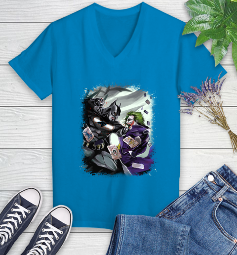 Carolina Panthers NFL Football Batman Fighting Joker DC Comics Women's V-Neck T-Shirt 7