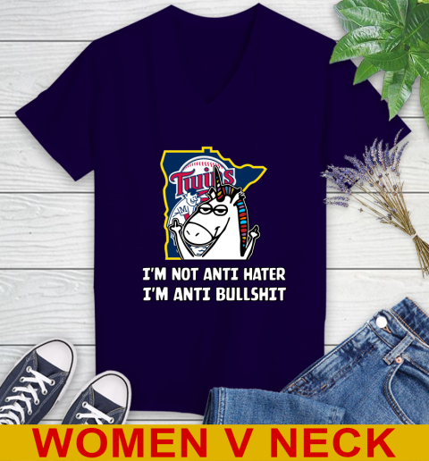 Minnesota Twins MLB Baseball Unicorn I'm Not Anti Hater I'm Anti Bullshit Women's V-Neck T-Shirt 4