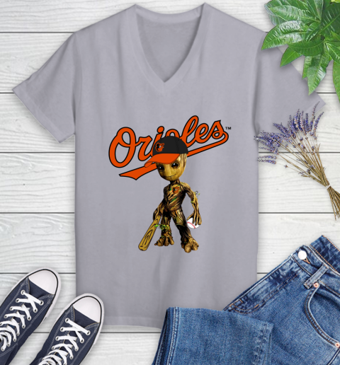 MLB Baltimore Orioles Groot Guardians Of The Galaxy Baseball Women's V-Neck T-Shirt 4