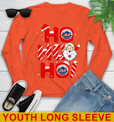New York Mets MLB Baseball Ho Ho Ho Santa Claus Merry Christmas Shirt Youth Long Sleeve 3