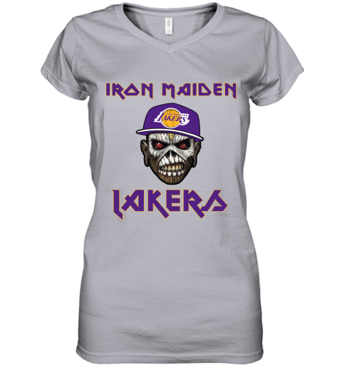 h1ur nba los angeles lakers iron maiden rock band music basketball women v neck t shirt 39 front sport grey