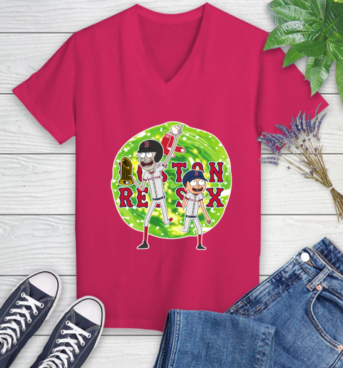 MLB Boston Red Sox Rick And Morty Commissioner's Trophy Baseball Sports Women's V-Neck T-Shirt 9