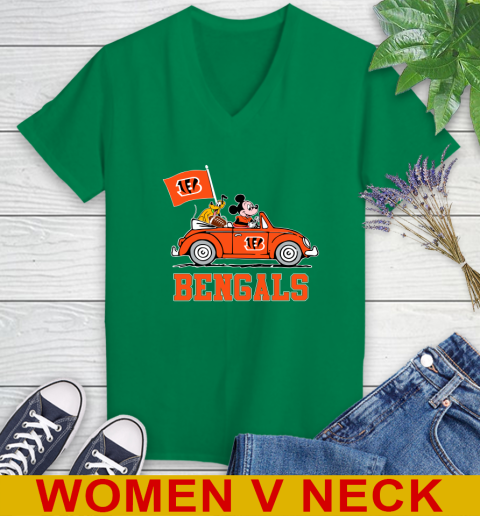 NFL Football Cincinnati Bengals Pluto Mickey Driving Disney Shirt Women's V-Neck T-Shirt 6