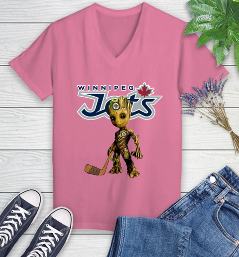 Winnipeg Jets NHL Hockey Groot Marvel Guardians Of The Galaxy Women's V-Neck T-Shirt 13