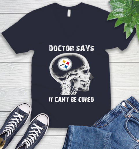 NFL Pittsburgh Steelers Football Skull It Can't Be Cured Shirt V-Neck T-Shirt 2