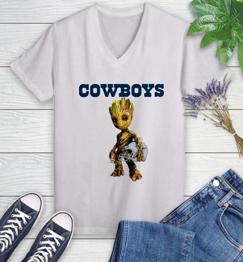 Dallas Cowboys NFL Football Groot Marvel Guardians Of The Galaxy Women's V-Neck T-Shirt