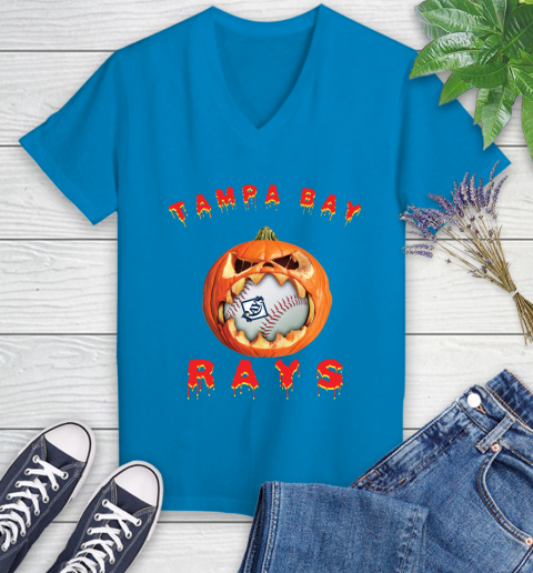 MLB Tampa Bay Rays Halloween Pumpkin Baseball Sports Women's V-Neck T-Shirt 7