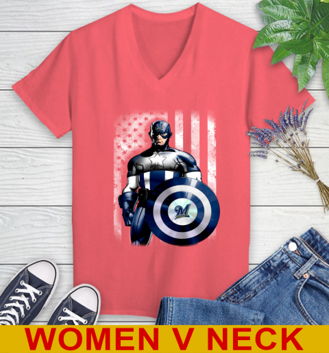 Milwaukee Brewers MLB Baseball Captain America Marvel Avengers American Flag Shirt Women's V-Neck T-Shirt 7 Milwaukee Brewers MLB Baseball Captain America Marvel Avengers American Flag Shirt Women's V-Neck T-Shirt - Image 7