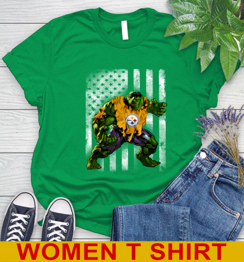 Pittsburgh Steelers Hulk Marvel Avengers NFL Football American Flag Women's T-Shirt 7