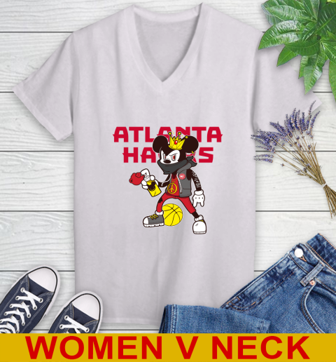 Atlanta Hawks NBA Basketball Mickey Peace Sign Sports Women's V-Neck T-Shirt