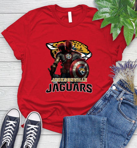 NFL Captain America Thor Spider Man Hawkeye Avengers Endgame Football Jacksonville Jaguars Women's T-Shirt 9
