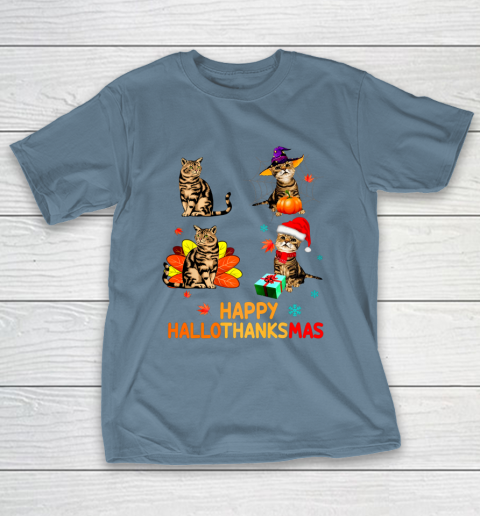 Cat Halloween Thanksgiving Christmas Happy Hallothanksmas T-Shirt 6