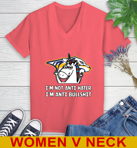 Nashville Predators NHL Hockey Unicorn I'm Not Anti Hater I'm Anti Bullshit Women's V-Neck T-Shirt 7
