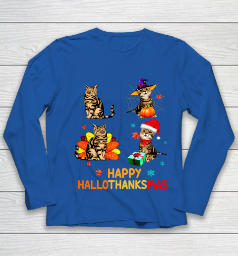 Cat Halloween Thanksgiving Christmas Happy Hallothanksmas Youth Long Sleeve 7