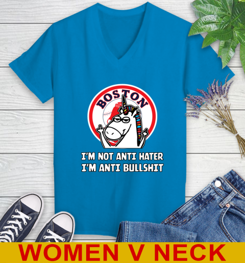 Boston Red Sox MLB Baseball Unicorn I'm Not Anti Hater I'm Anti Bullshit Women's V-Neck T-Shirt 8