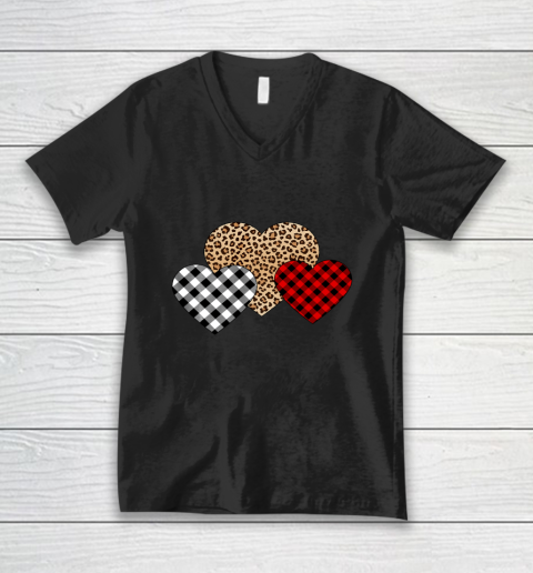 Valentine Three Hearts Leopard Buffalo Plaid Valentine s day V-Neck T-Shirt