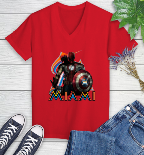 MLB Captain America Thor Spider Man Hawkeye Avengers Endgame Baseball Miami Marlins Women's V-Neck T-Shirt 12