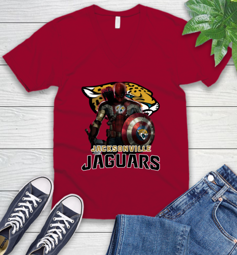 NFL Captain America Thor Spider Man Hawkeye Avengers Endgame Football Jacksonville Jaguars V-Neck T-Shirt 8