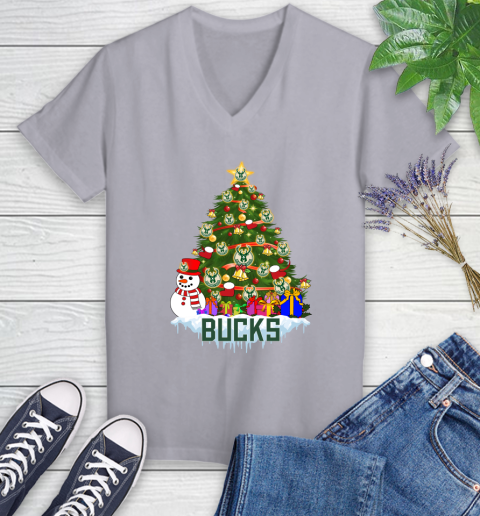 Milwaukee Bucks Merry Christmas NBA Basketball Sports Women's V-Neck T-Shirt 4