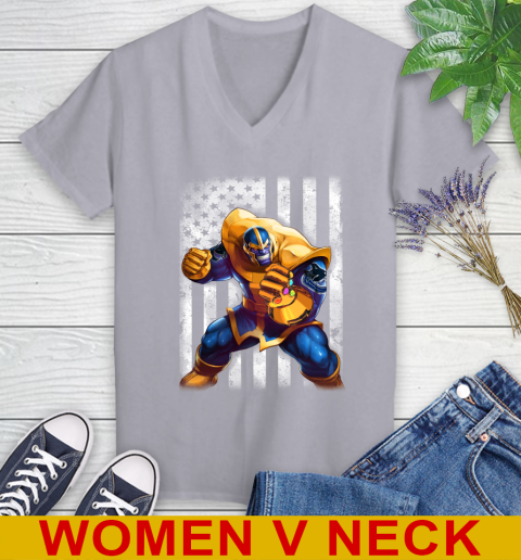 NHL Hockey Vancouver Canucks Thanos Marvel American Flag Shirt Women's V-Neck T-Shirt 4