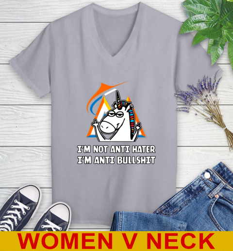 Miami Marlins MLB Baseball Unicorn I'm Not Anti Hater I'm Anti Bullshit Women's V-Neck T-Shirt 5