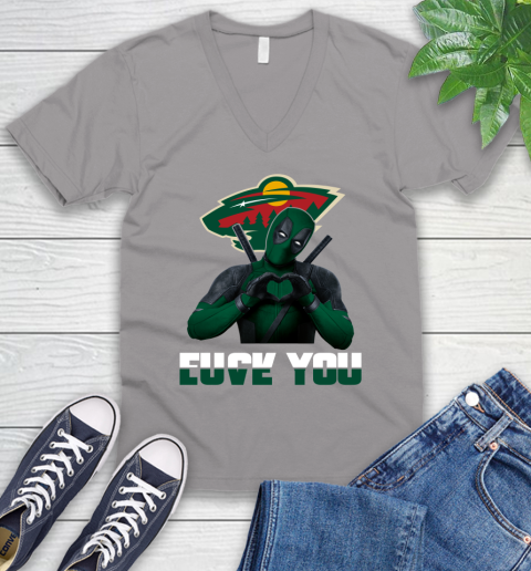 NHL Minnesota Wild Deadpool Love You Fuck You Hockey Sports V-Neck T-Shirt 3
