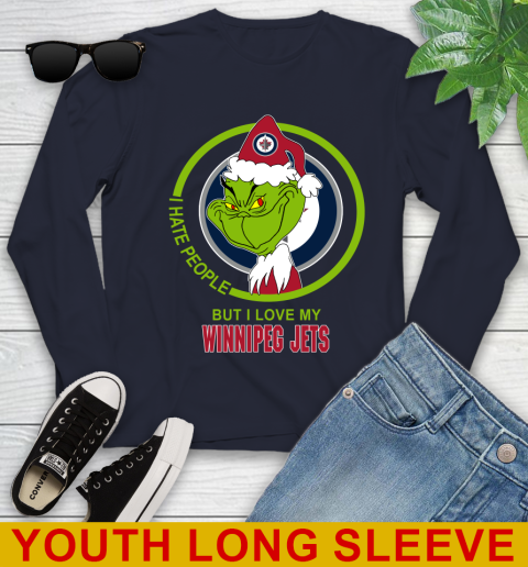 Winnipeg Jets NHL Christmas Grinch I Hate People But I Love My Favorite Hockey Team Youth Long Sleeve 3