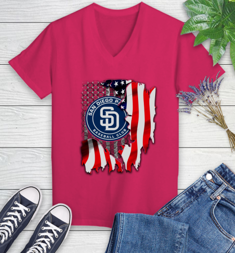 San Diego Padres MLB Baseball American Flag Women's V-Neck T-Shirt 9