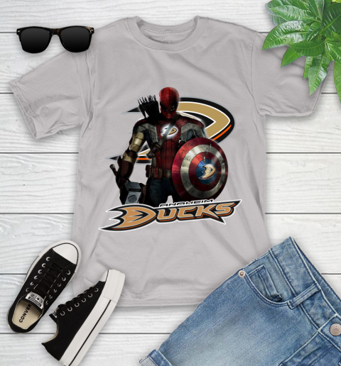 NHL Captain America Thor Spider Man Hawkeye Avengers Endgame Hockey Anaheim Ducks Youth T-Shirt 12
