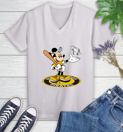 MLB Baseball Pittsburgh Pirates Cheerful Mickey Disney Shirt Women's V-Neck T-Shirt 2