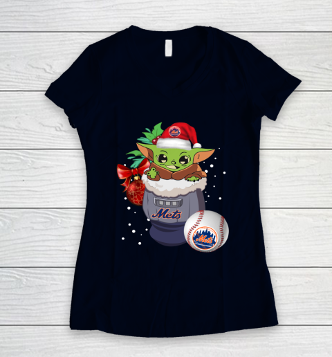 New York Mets Christmas Baby Yoda Star Wars Funny Happy MLB Women's V-Neck T-Shirt 3